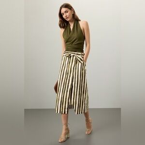 Marie Oliver Olive Green and Cream Striped Midi Skirt